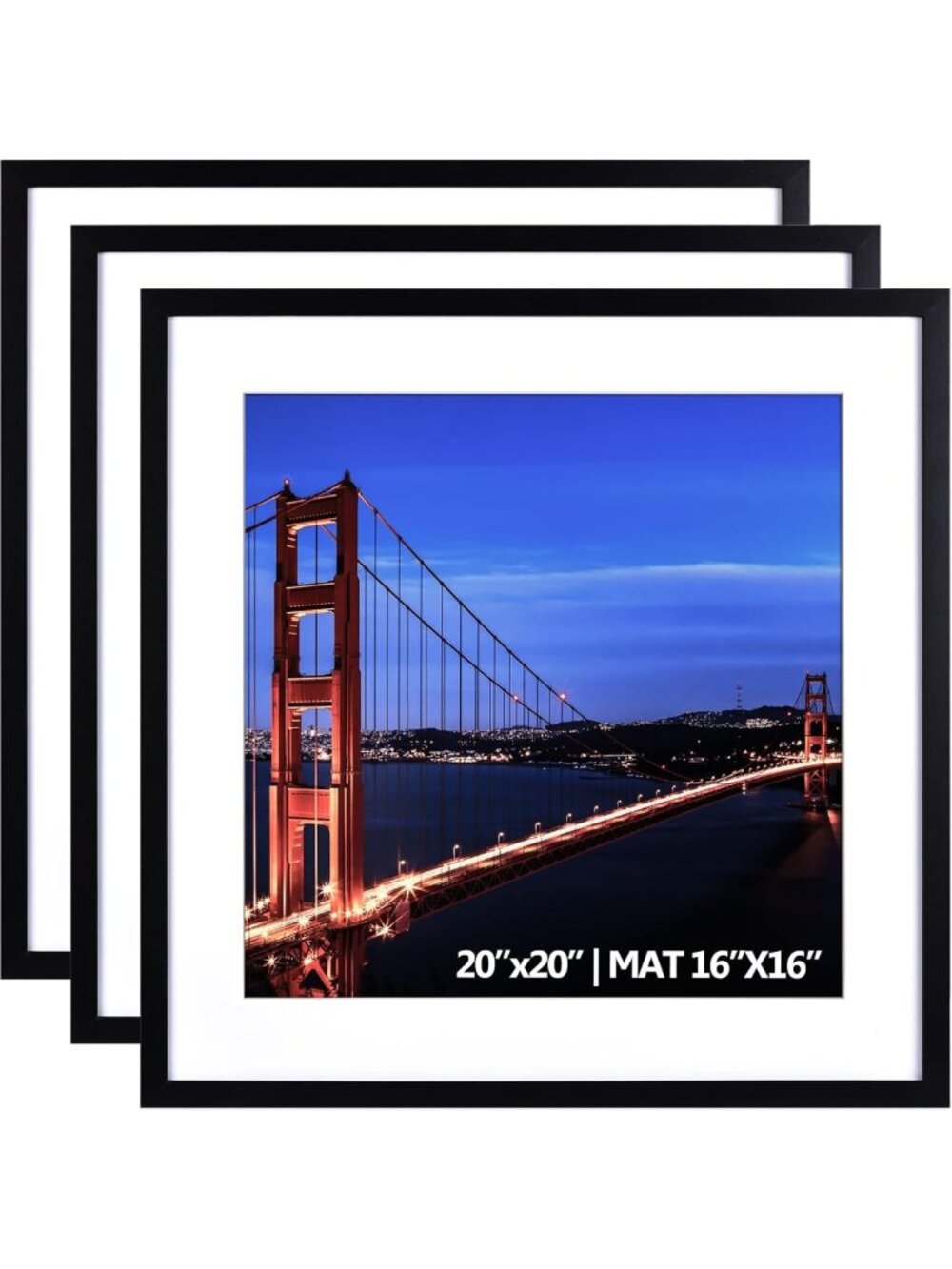 Set of 3 Black 20x20 Picture Frames, Matted to 16x16 for Gallery Wall Decor